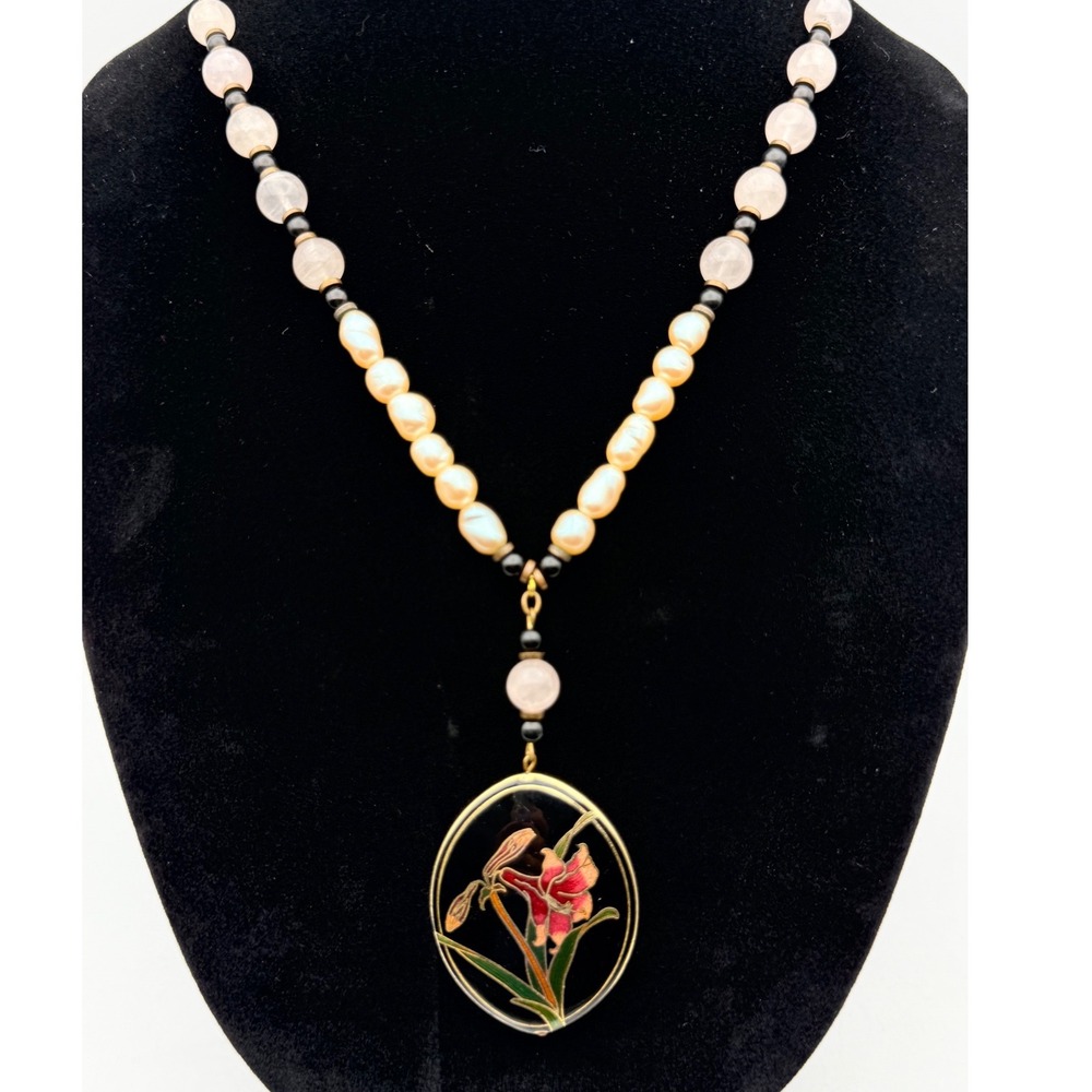 Vintage Necklace Pearl Rose Quartz Cloisonne Flower Pendant Womens Pink Cream